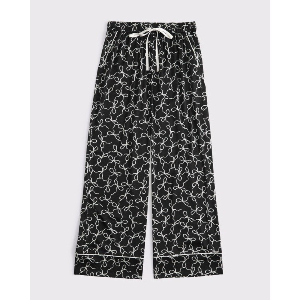 Abercrombie & Fitch Satin Sleep Pants S Black Bow Print Wide Leg Lounge NWT